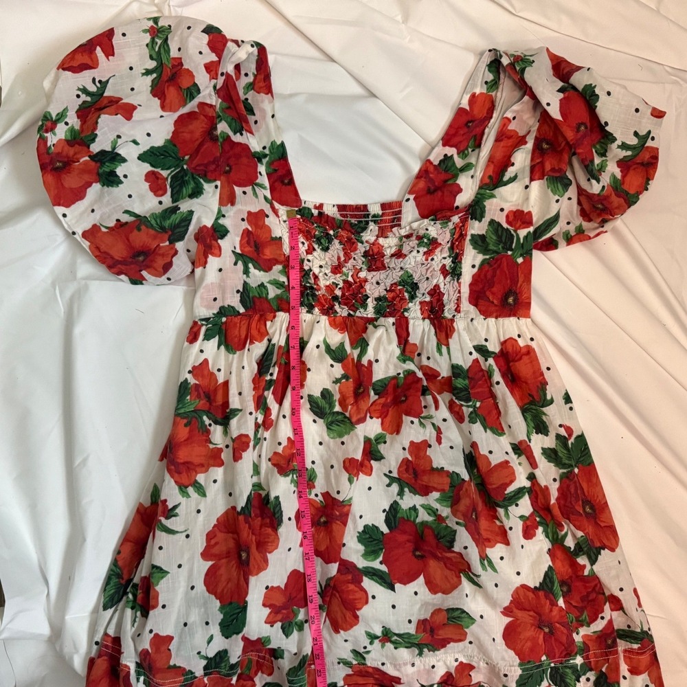 Maeve Anthropologie Red Poppy Floral Polka Dot Smocked Puff Sleeve Mini Dress L - Picture 7 of 7
